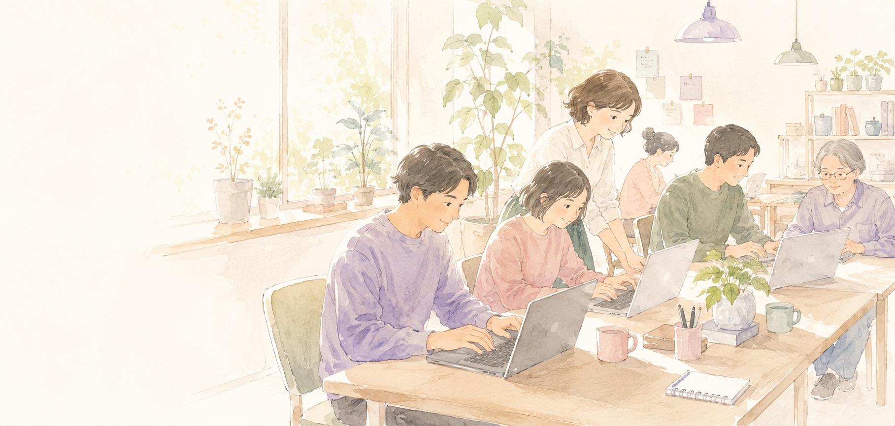 福祉施設のアトリエで、講師に見守られながらノートパソコンで穏やかに制作に取り組む利用者さんたち（水彩イラスト）
