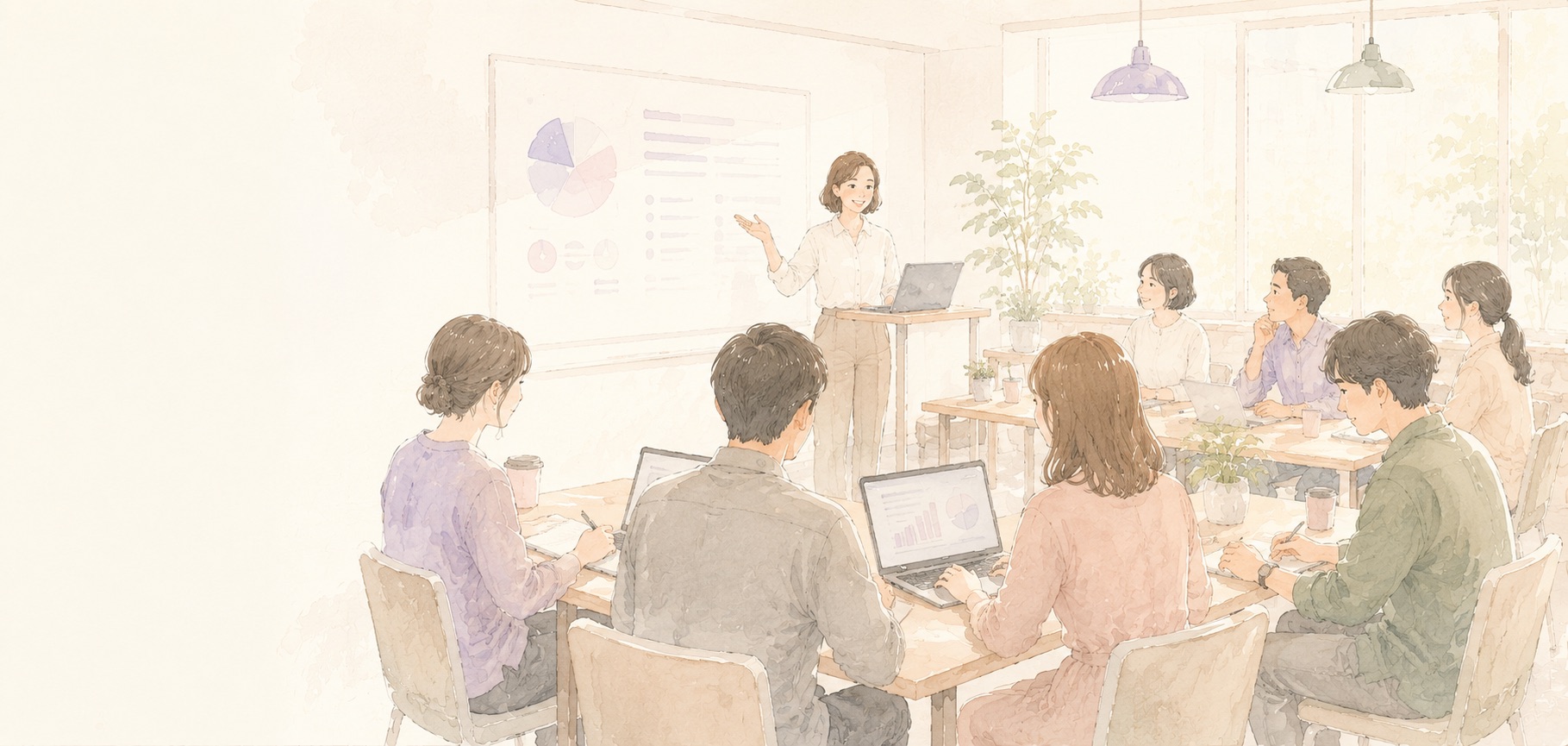 福祉施設の研修室で、講師の説明を聞きながらノートパソコンで学ぶ職員と利用者さんたち（水彩イラスト）