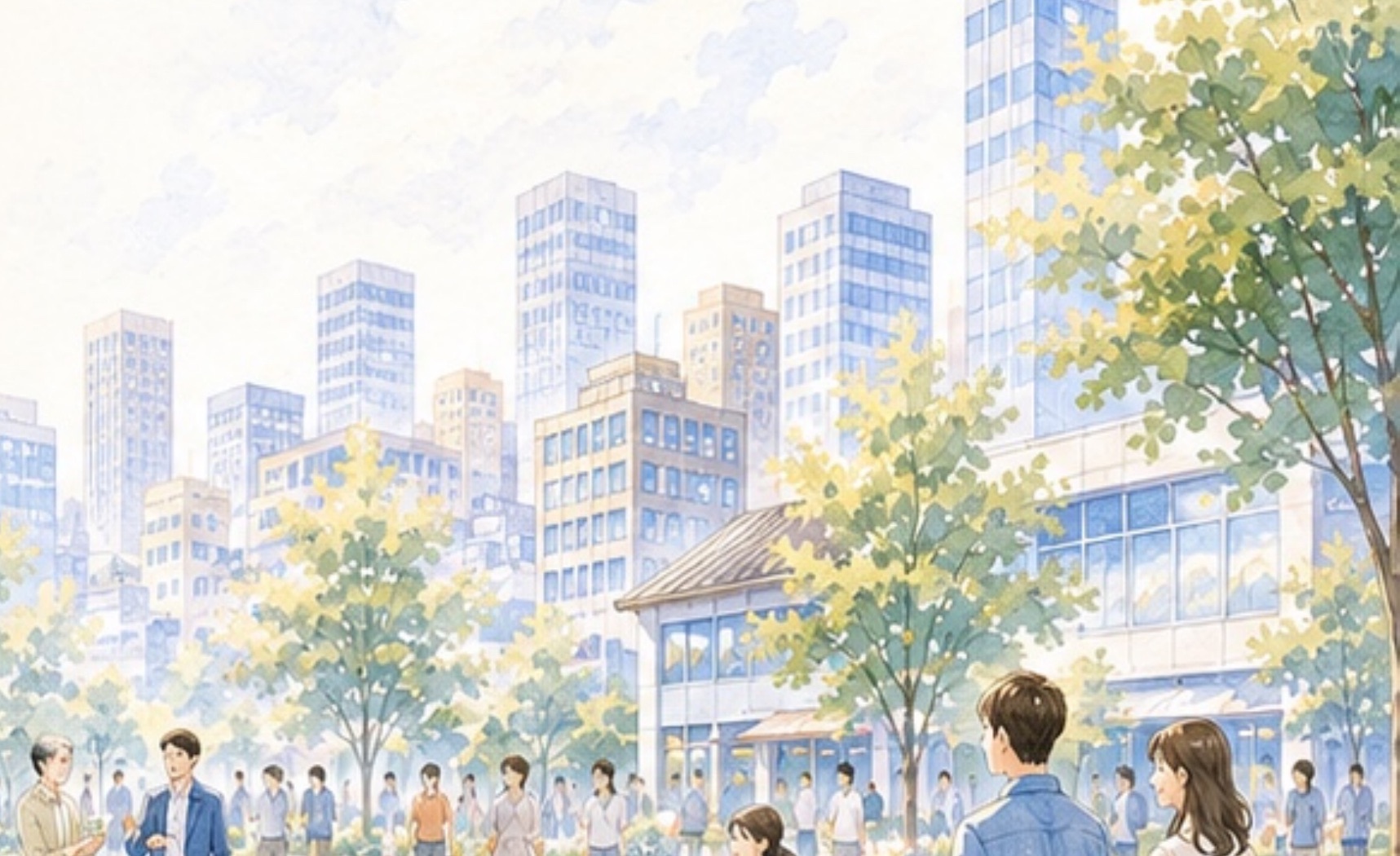 街の広場で人々が行き交い、地域と福祉がつながる様子を描いた水彩イラスト